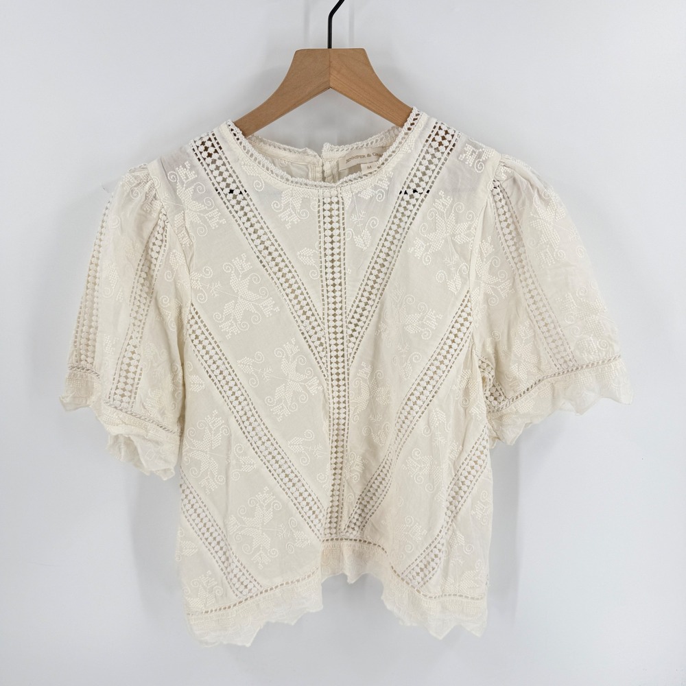 Jennifer & Grace Embroidered Eyelet Lace Top Ivory M Boho Cottagecore Prairie